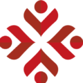 A red cross with four people in the center.